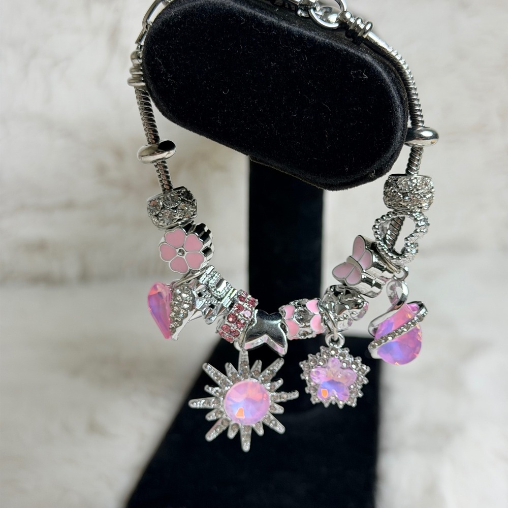 Silver Tone Pink Purple Crystal Sun Butterfly Heart Charm Bracelet Celestial